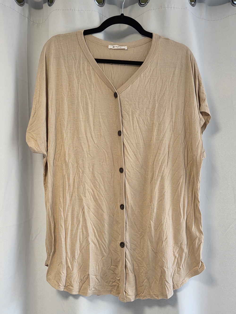 Bombom Beige Button-Front V-Neck Top - Size Large